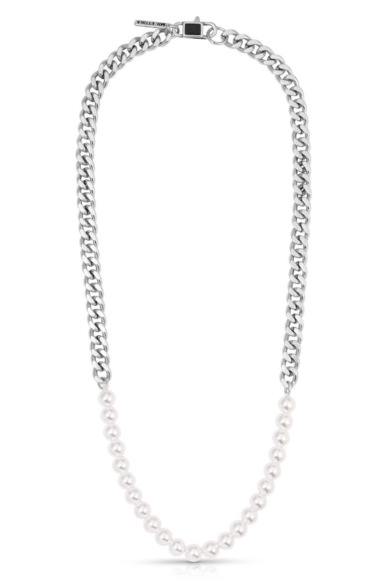 Men's Faux Pearl & Curb Chain Necklace, Main, color, SILVER