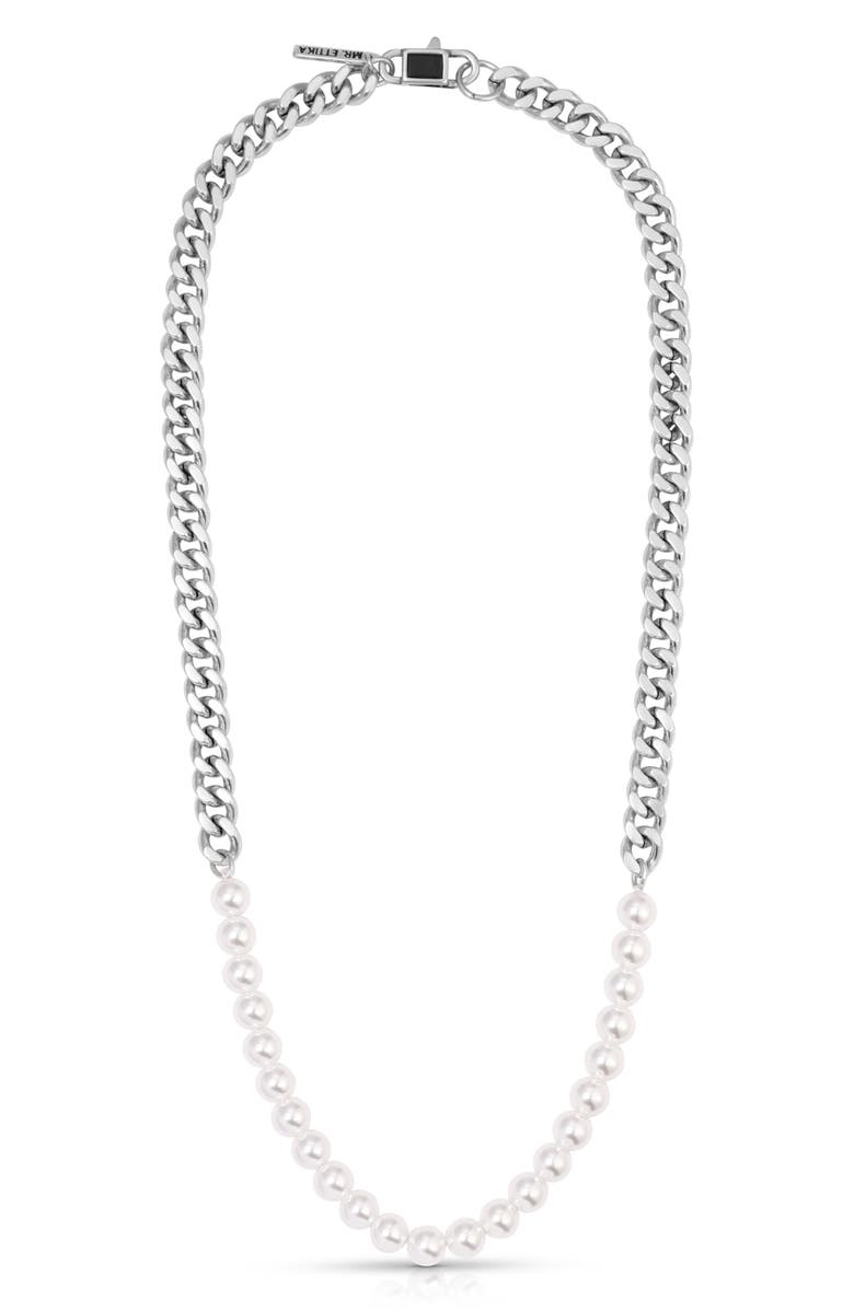 Mr. Ettika Men's Faux Pearl & Curb Chain Necklace, Main, color, Silver