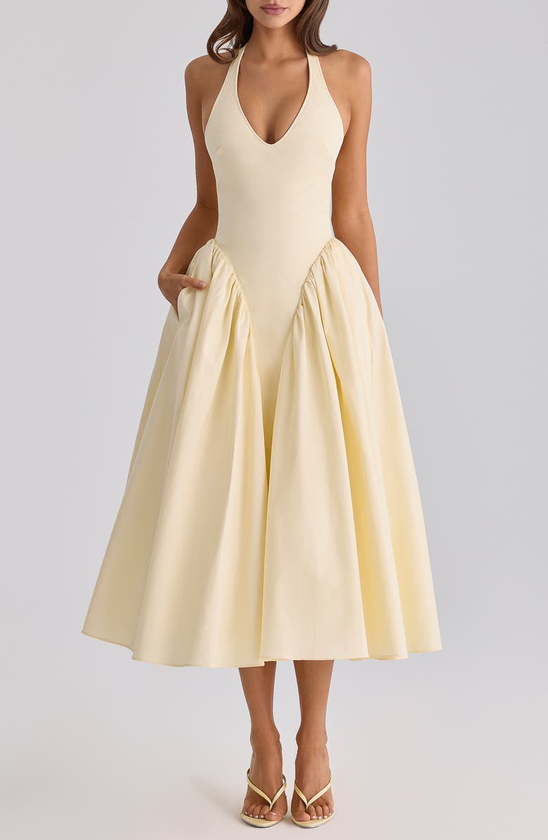 HOUSE OF CB Marilyn Halter Cotton Blend Midi Sundress, Main, color, Lemon