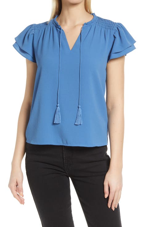 Flutter Sleeve Tie Neck Blouse