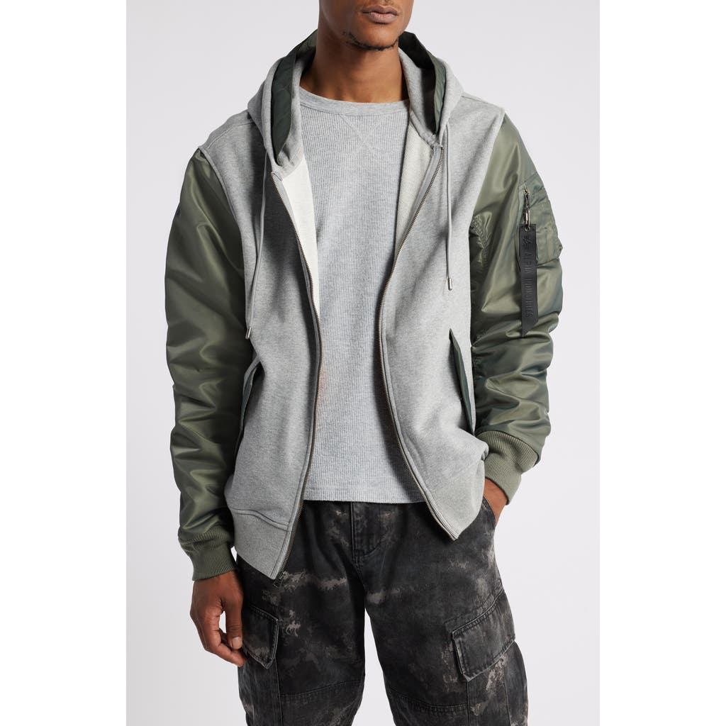 Alpha Industries MA-1 Contrast Sleeve Zip Front Hoodie in Medium Charcoal Heather