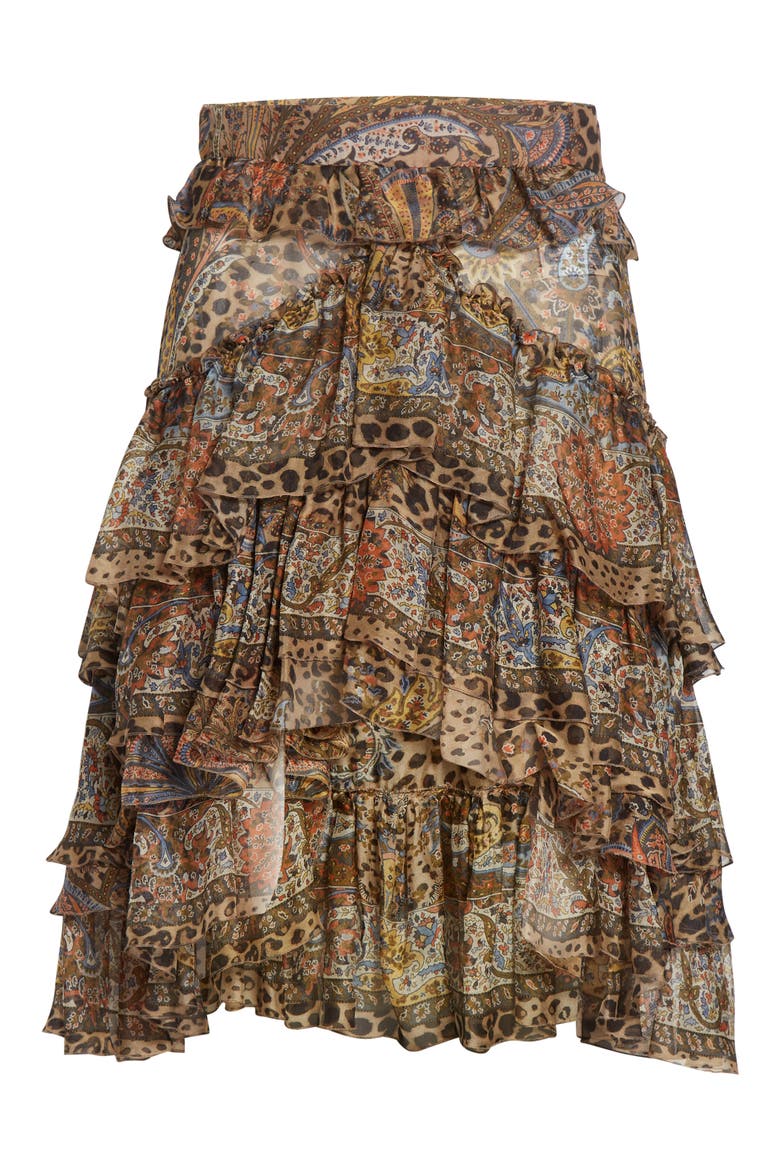 Paisley Leopart Spot Tiered High-Low Silk Miniskirt, Alternate, color, DARK BROWN