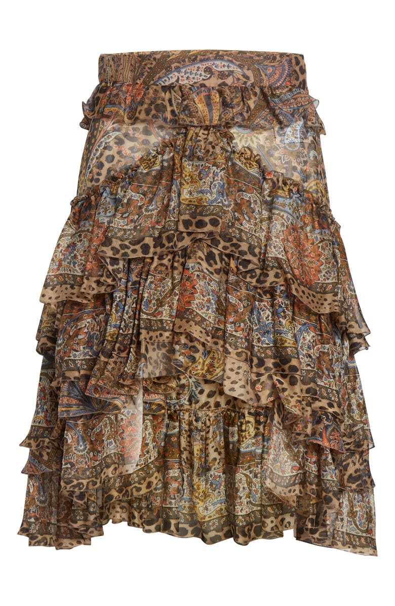 Etro Paisley Leopart Spot Tiered High-Low Silk Miniskirt, Alternate, color, Dark Brown