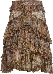 Etro Paisley Leopart Spot Tiered High-Low Silk Miniskirt
