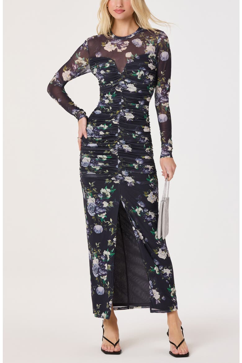 Floral Ruched Long Sleeve Mesh Dress, Main, color, BLUE MULTI FLORAL