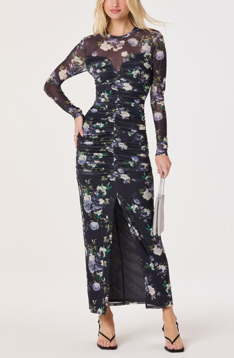 Floral Ruched Long Sleeve Mesh Dress