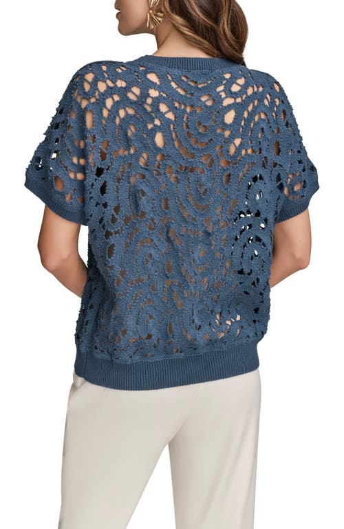 Donna Karan New York Drop Shoulder Crochet Short Sleeve Sweater In Blue