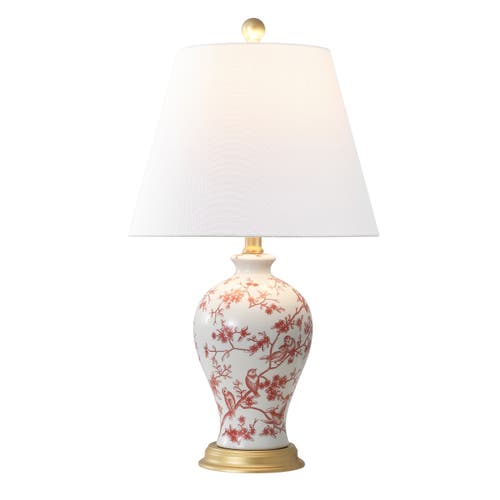 Jonathan Y Grace French Country Cottage Ceramic/iron Floral Urn Led Table Lamp In White/red