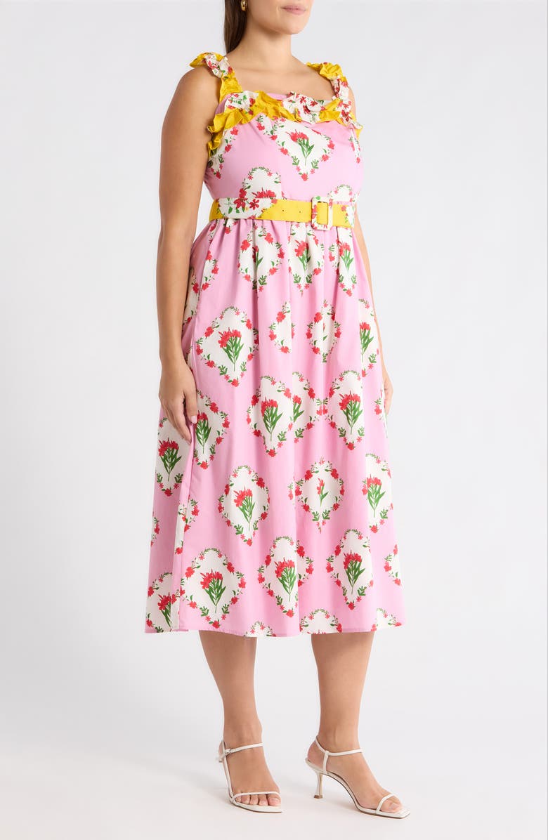 SUGARLIPS Maia Floral Strapless Ruffle Midi Dress, Alternate, color, Pink-Multi