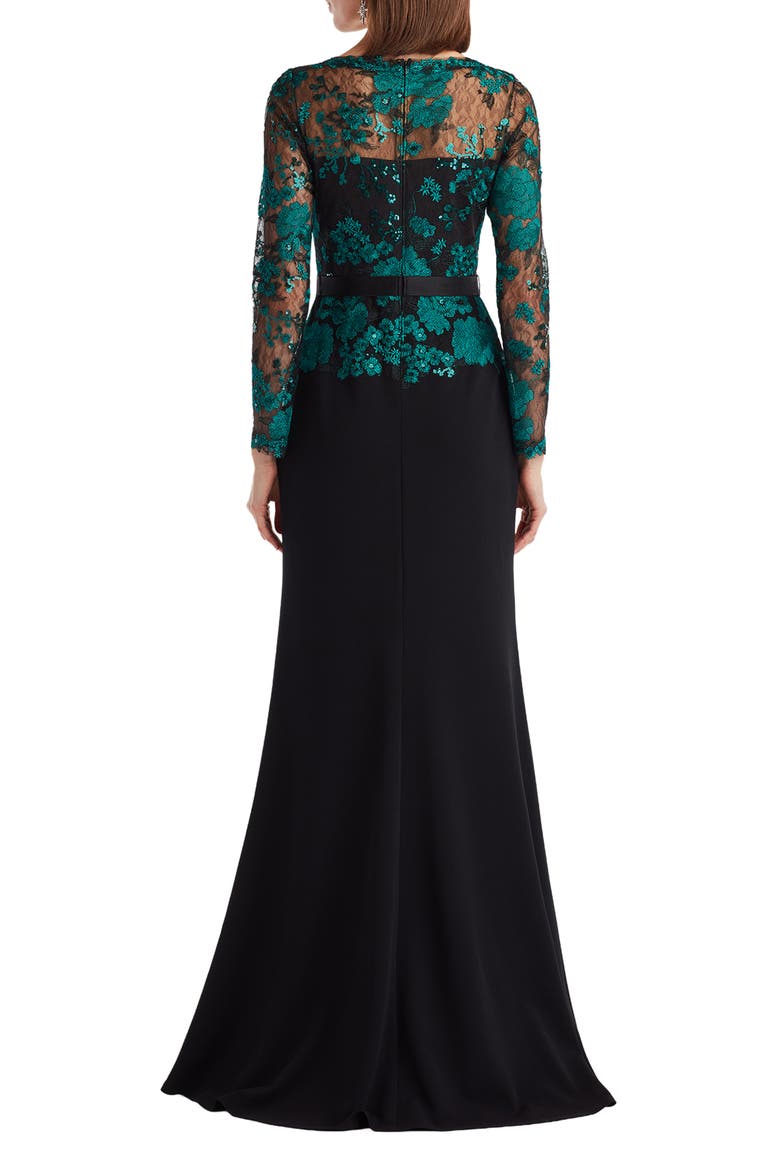 Floral Lace Embroidery Long Sleeve Gown, Alternate, color, EMERALD/ BLACK
