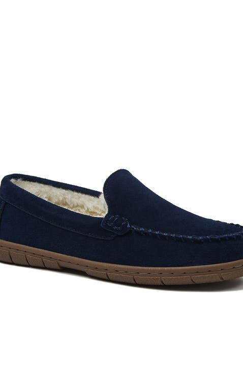 Fuzzy Lined Suede Moccasin Slippers