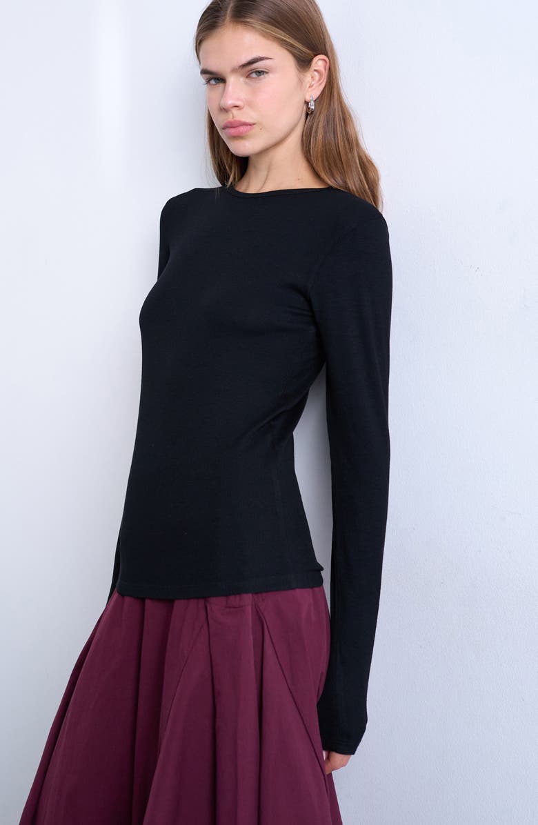 Topshop Long Sleeve Rib Top, Main, color, Black