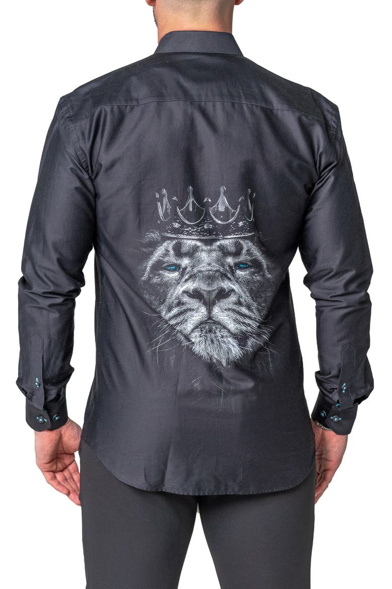 Fibonacci Lion Crown Regular Fit Cotton Blend Button-Up Shirt, Alternate, color, BLACK