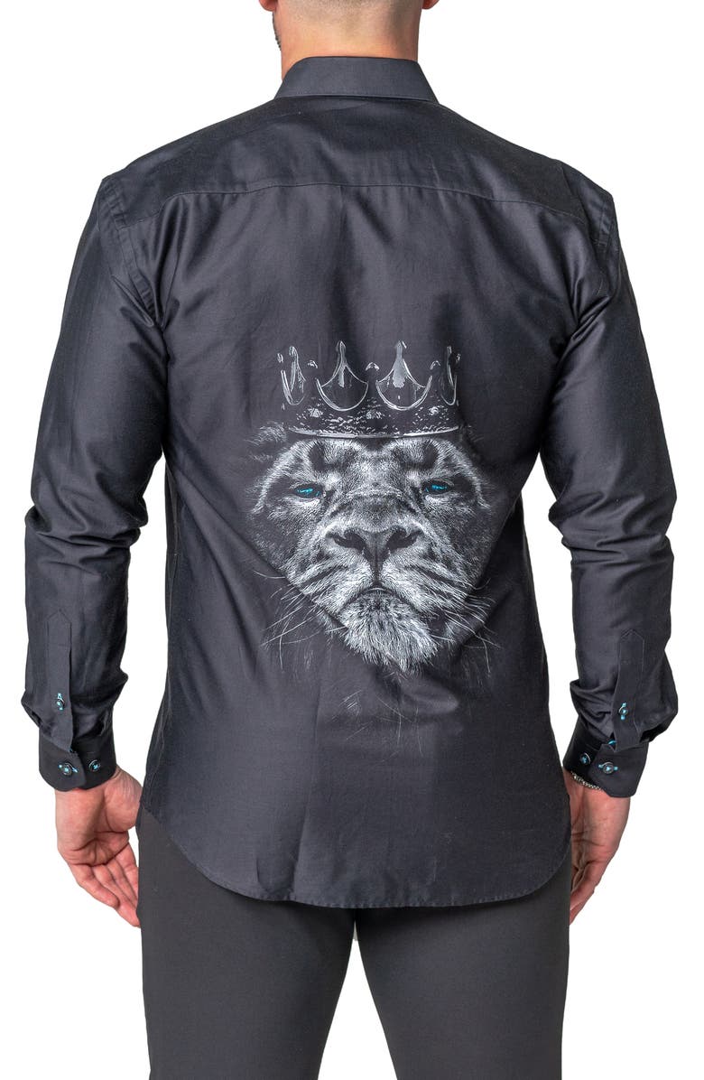 Maceoo Fibonacci Lion Crown Regular Fit Cotton Blend Button-Up Shirt, Alternate, color, Black