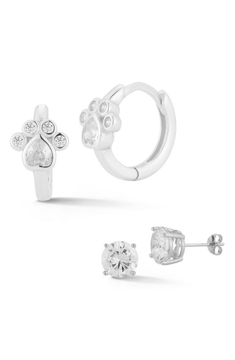 Set of 2 Cubic Zirconia Stud & Paw Print Hoop Earrings