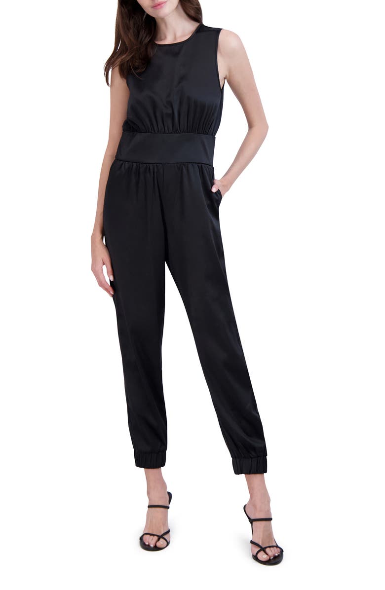 Ookie & Lala Sleeveless Satin Jumpsuit, Main, color, Black