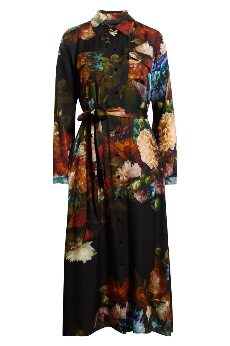 The Kataleya Floral Long Sleeve Stretch Silk Midi Shirtdress, Alternate, color, MYSTICAL FORREST