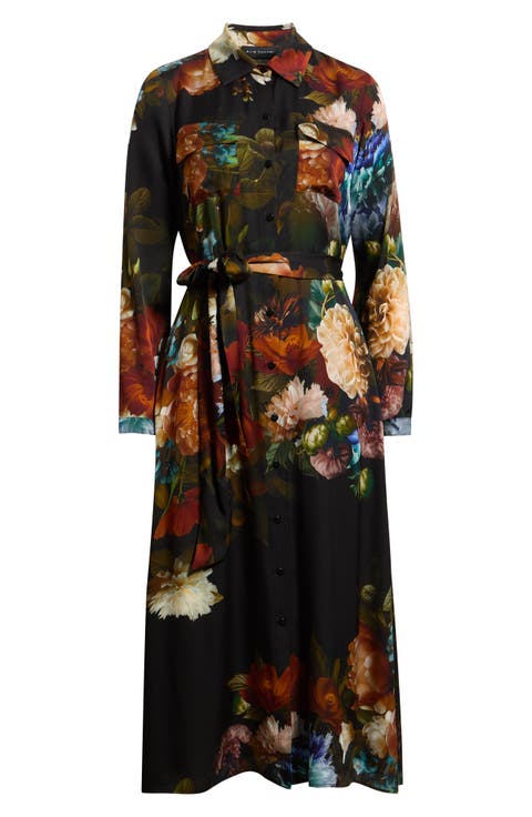 The Kataleya Floral Long Sleeve Stretch Silk Midi Shirtdress