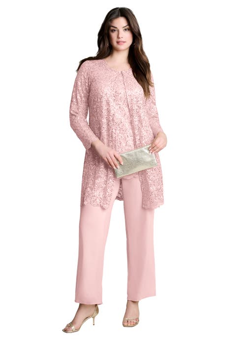 Plus Size 3 Piece Allover Sequin Lace Jacket And Tank Pant Set