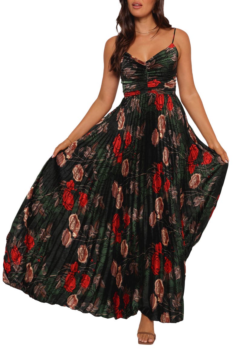 Naira Floral Pleated Maxi Dress, Main, color, GREEN FLORAL