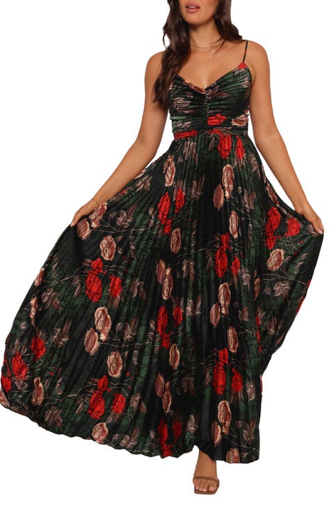 Red Floral Cotton Pleated Dress