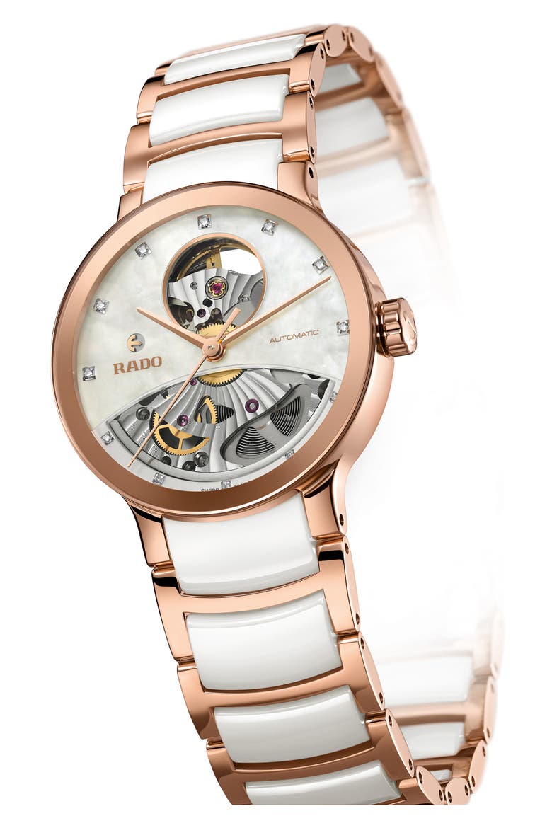 Centrix Open Heart Automatic Diamond Ceramic Bracelet Watch, 33mm, Alternate, color, WHITE/ MOP/ ROSE GOLD