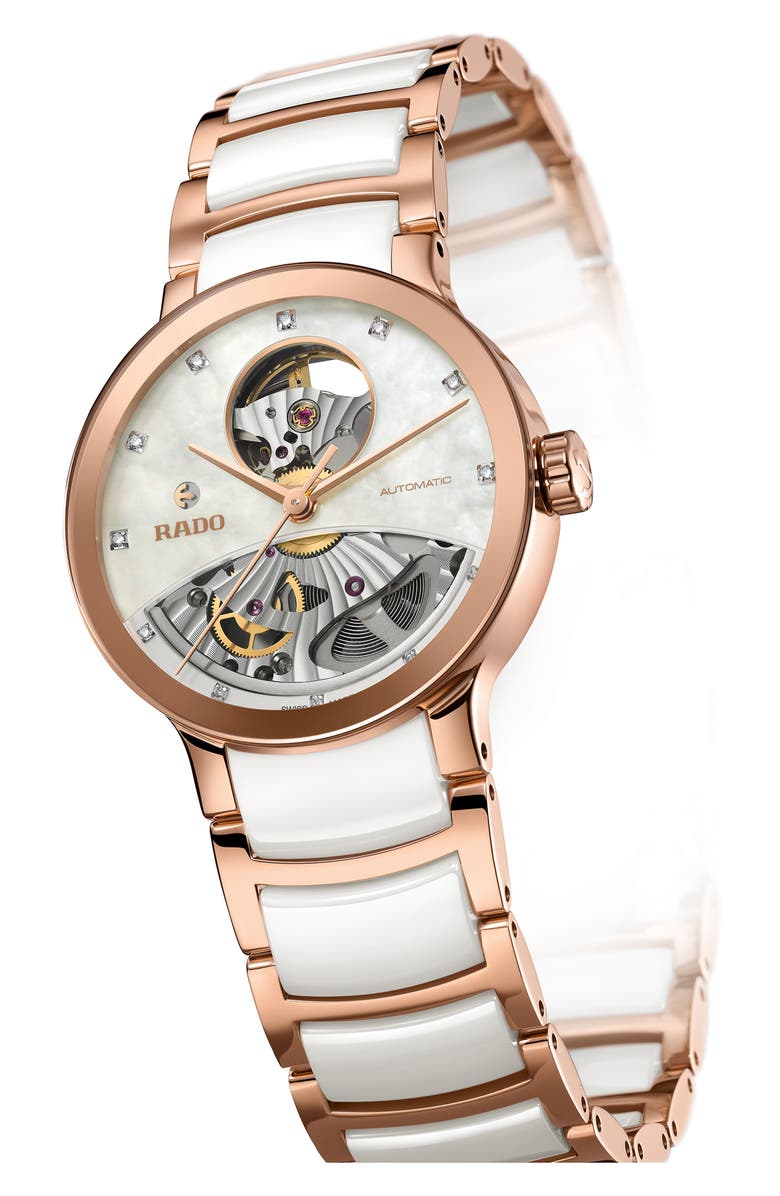 RADO Centrix Open Heart Automatic Diamond Ceramic Bracelet Watch, 33mm, Alternate, color,