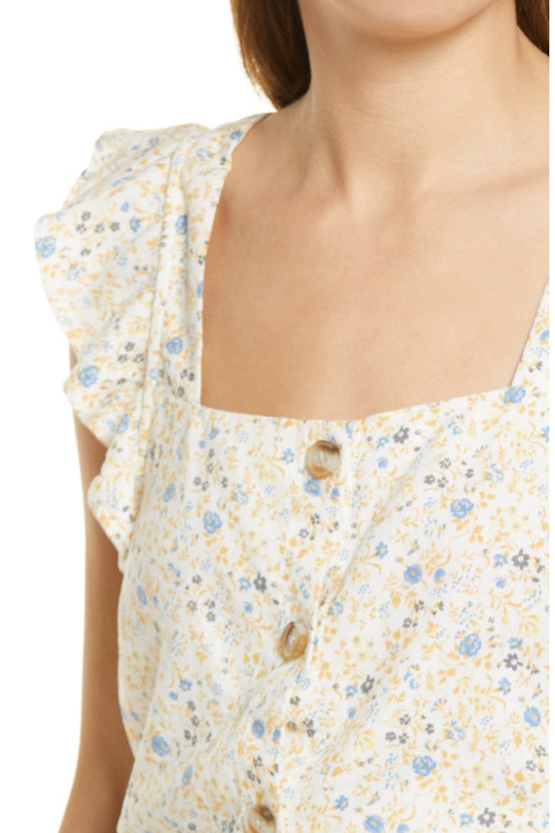Women's Folkmagic Floral Ruffle Strap Linen Blend Button-Up Tank, Alternate, color, COOL FOG
