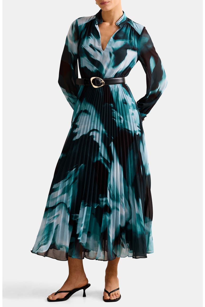 Skyla Abstract Print Long Sleeve Pleated Midi Dress, Main, color, GREEN ODELLA