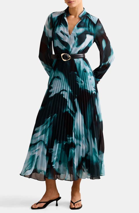 Skyla Abstract Print Long Sleeve Pleated Midi Dress
