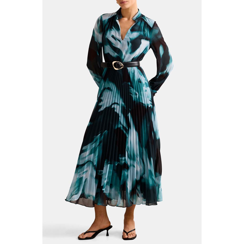 Ever New Skyla Abstract Print Long Sleeve Pleated Midi Dress In Blue