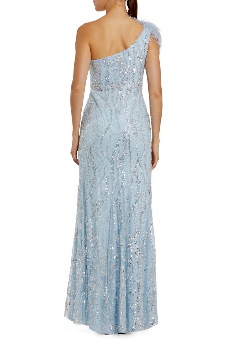 Mac Duggal Feathered One Shoulder Embroidered Applique Gown, Alternate, color, Powder Blue