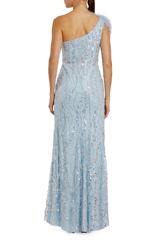 Mac Duggal Feathered One Shoulder Embroidered Applique Gown In Powder Blue