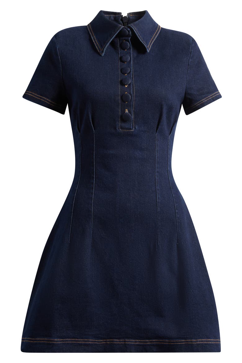 Pleated Seamed Cotton Blend Denim Fit & Flare Minidress, Main, color, DARK BLUE