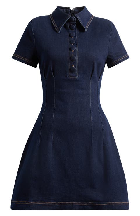 Pleated Seamed Cotton Blend Denim Fit & Flare Minidress