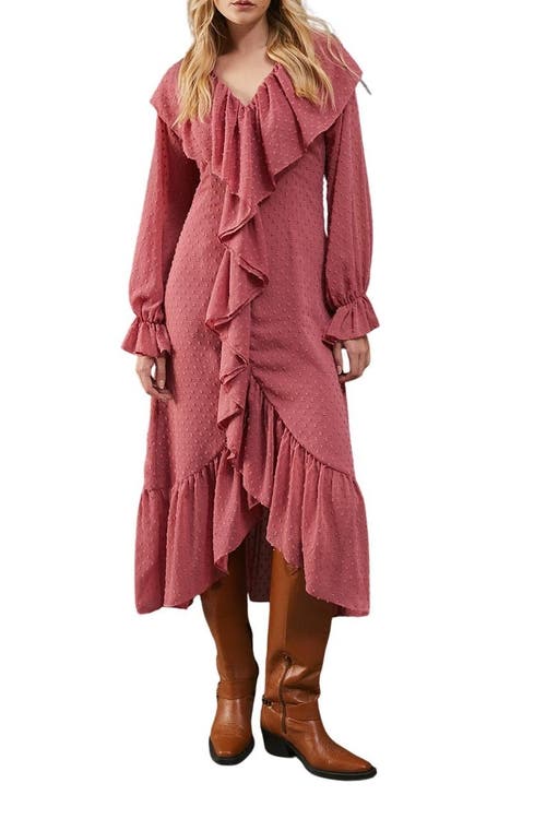 Warehouse Dobby Chiffon Midi Dress In Pink