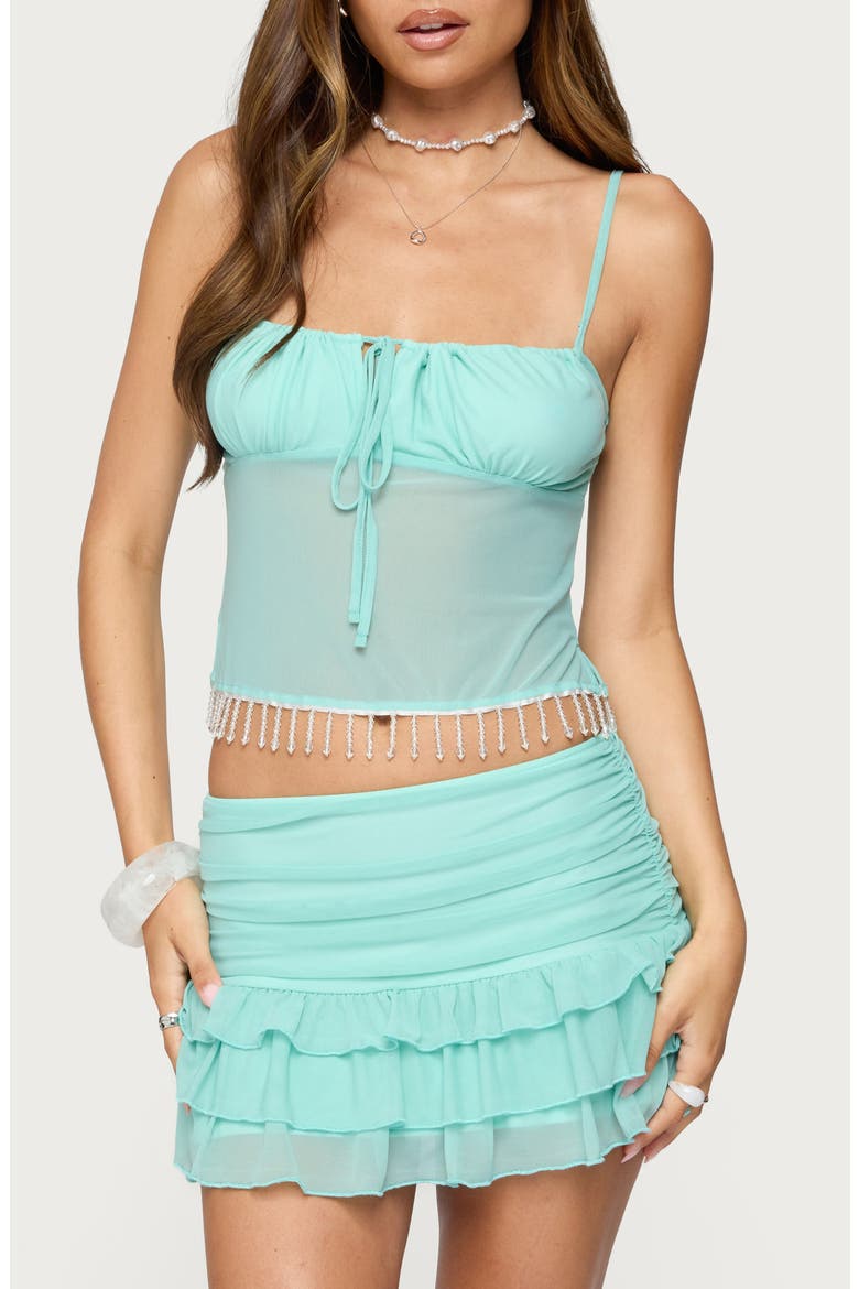 Enya Beaded Fringe Sheer Mesh Top, Main, color, TURQUOISE