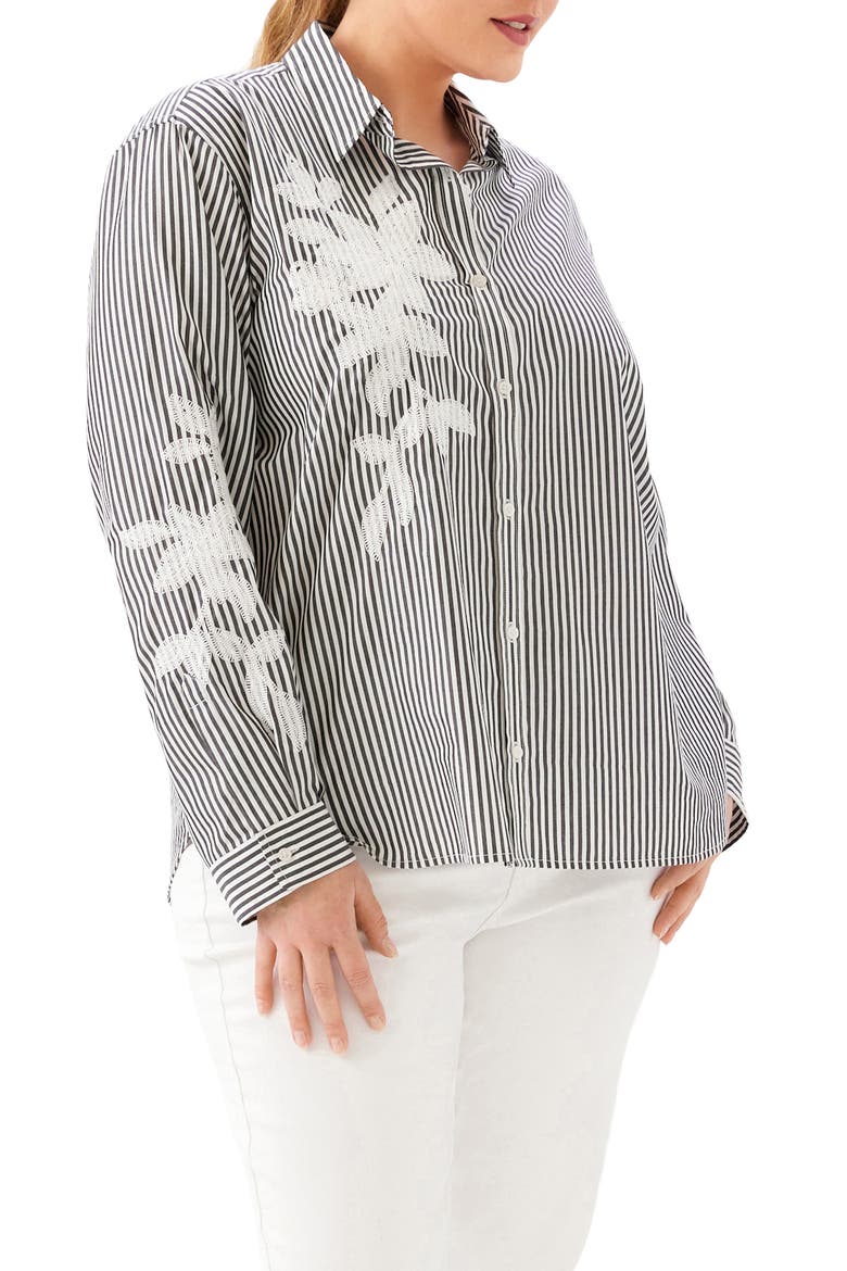 Stripe Embroidered Cotton Blend Button-Up Shirt, Alternate, color, BLACK W/ OFF WHI