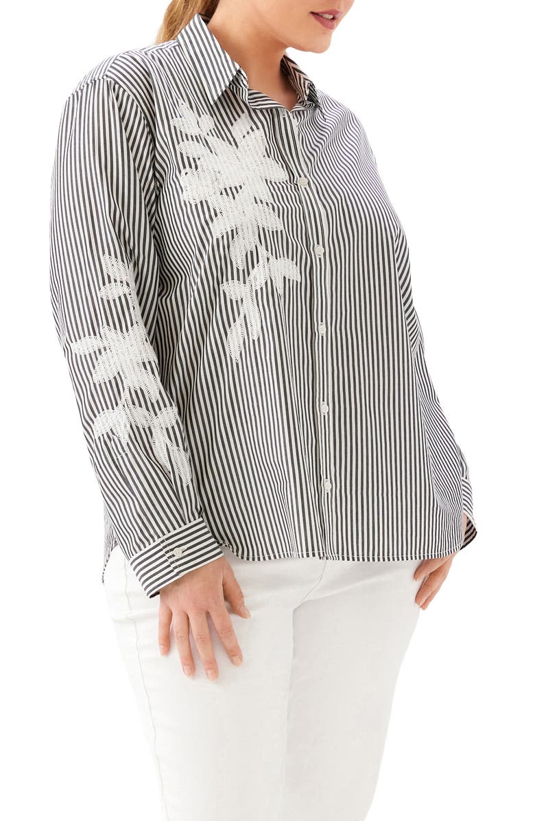 Karen Kane Stripe Embroidered Cotton Blend Button-Up Shirt, Alternate, color, Black W/ Off Whi