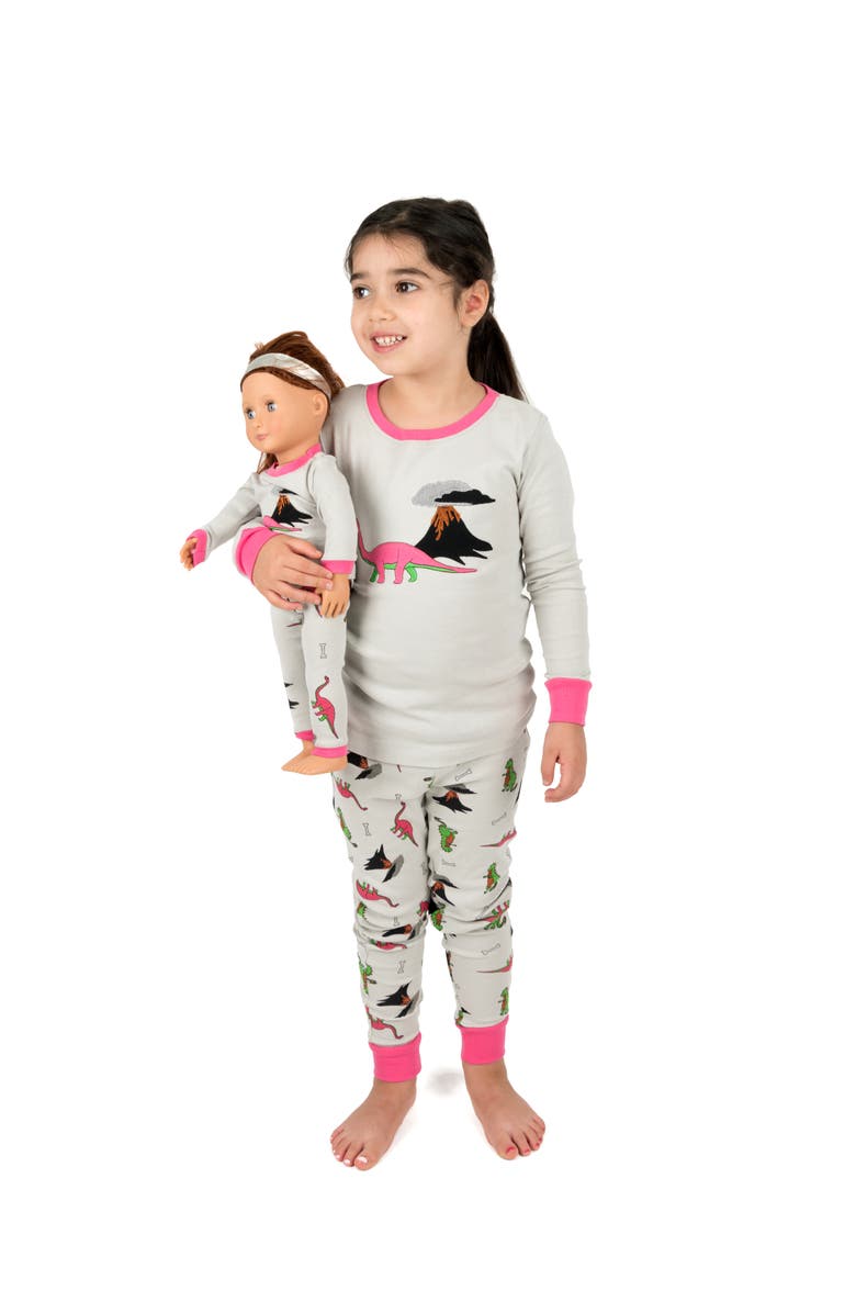 Leveret Girls 2-pc. Cotton Pajamas with Matching Doll Accessory - Unicorn & Fantasy Prints, Alternate, color, Dinosaur Gray
