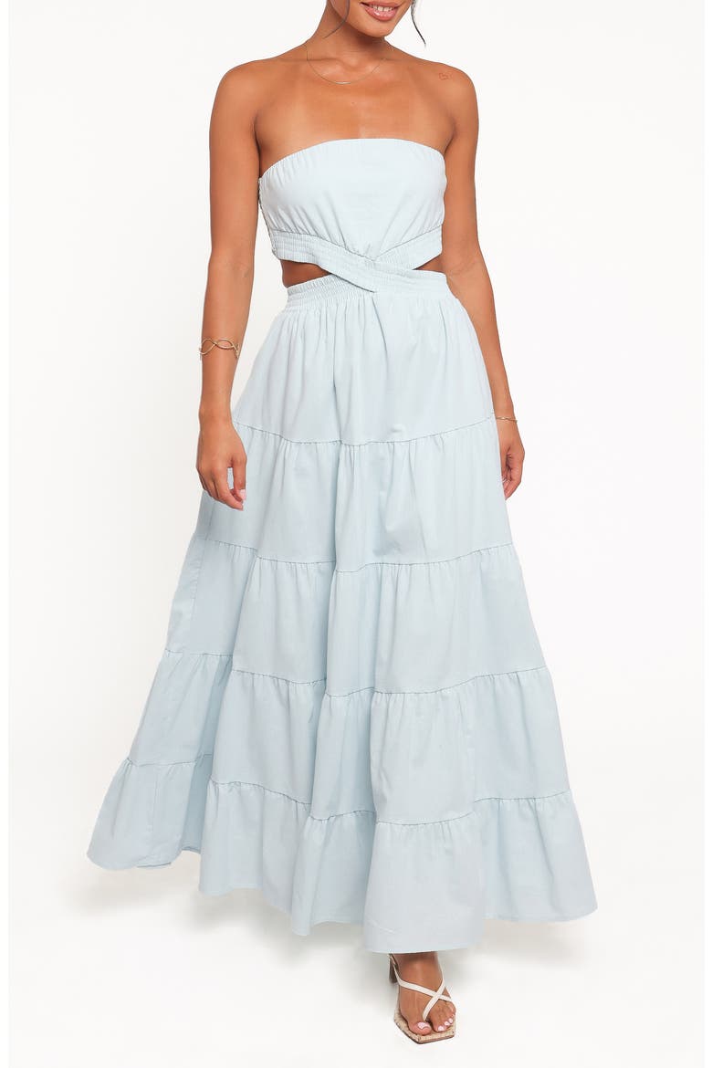 Cadence Cutout Strapless Tiered Cotton Maxi Dress, Main, color, BLUE
