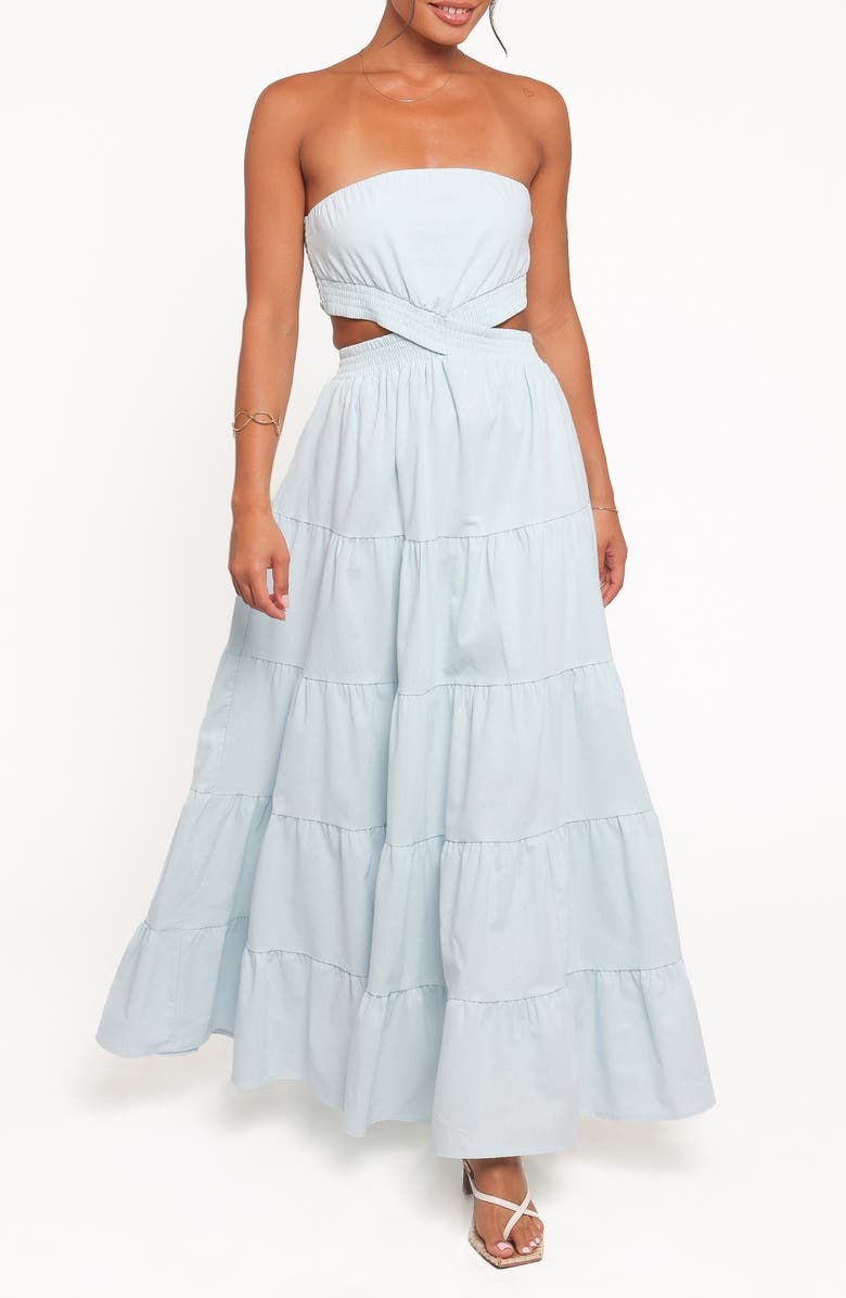 Petal & Pup Cadence Cutout Strapless Tiered Cotton Maxi Dress, Main, color, Blue