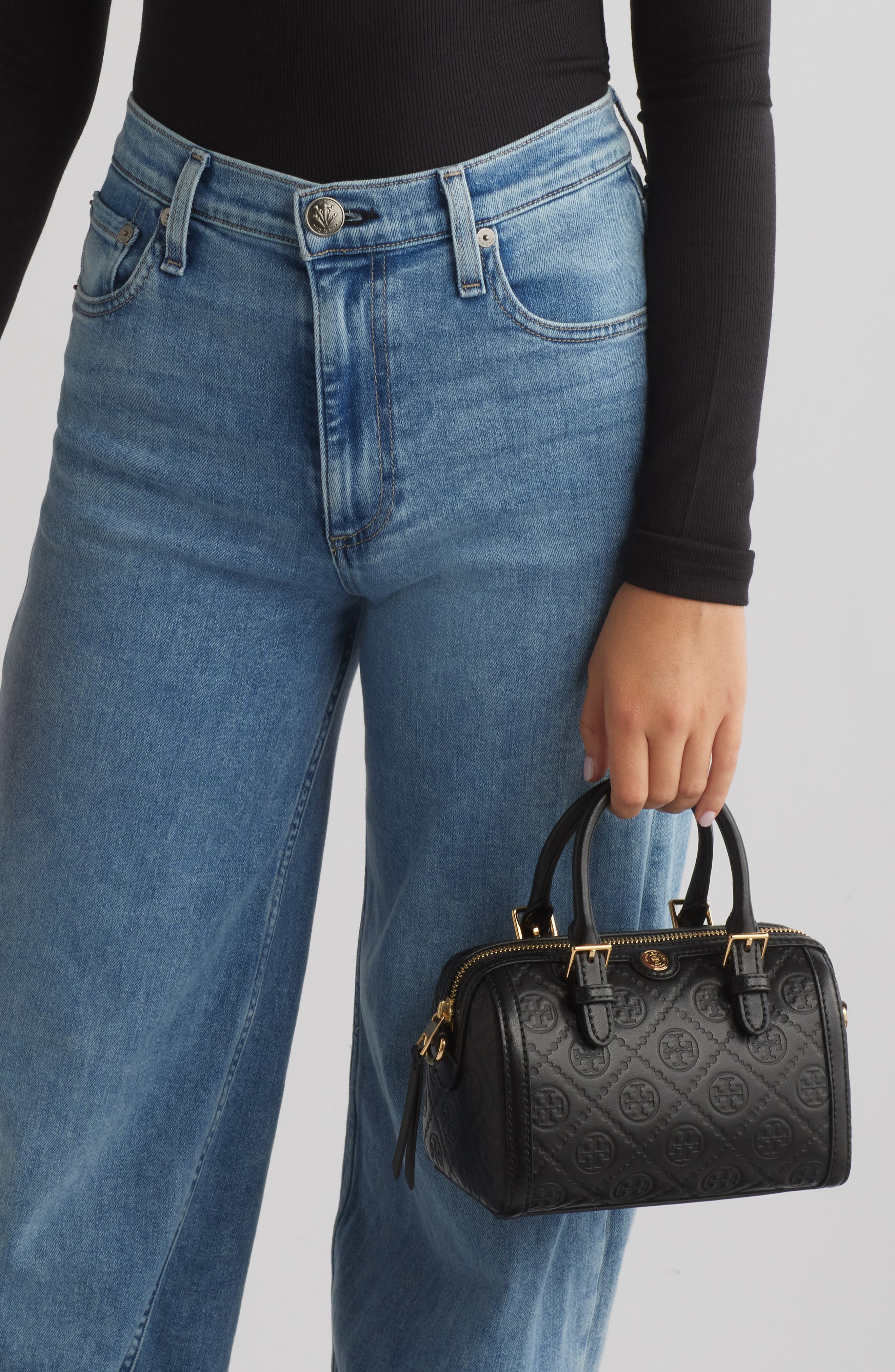 Tory Burch Petite T Monogram Leather Barrel Bag, Alternate, color, 