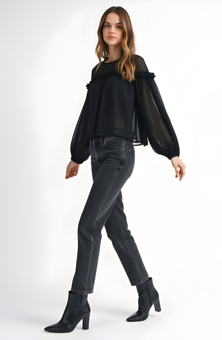 Modenaire Sheer Long Sleeve Blouse with Ruffled Trim and Flowing Silhouette, Alternate, color, Black