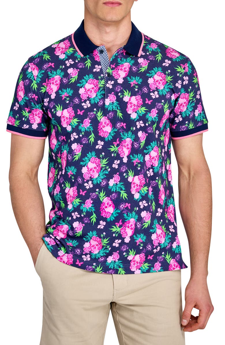 CONSTRUCT Slim Fit Floral Skull Cotton Stretch Pique Polo, Main, color, Navy/Pink