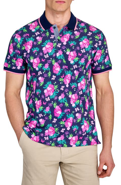 Slim Fit Floral Skull Cotton Stretch Pique Polo