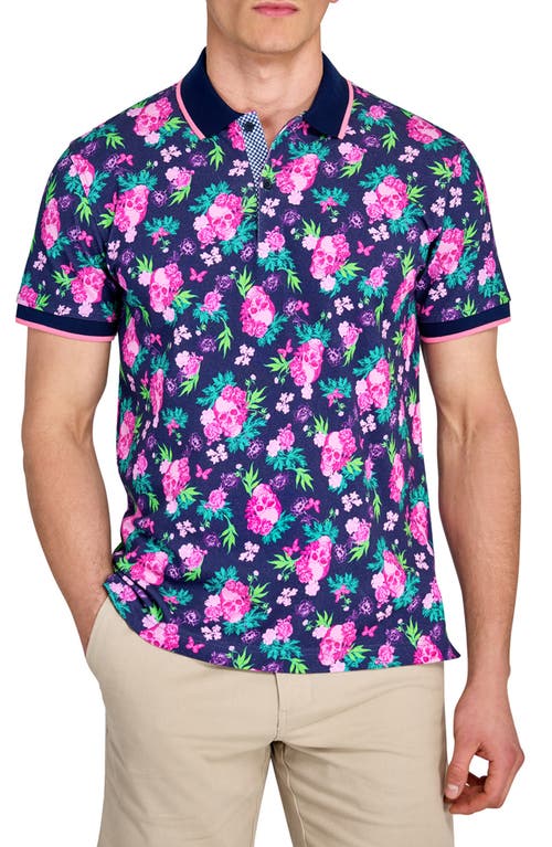 Construct Floral Skull Polo Short Sleeve In Navy/pink