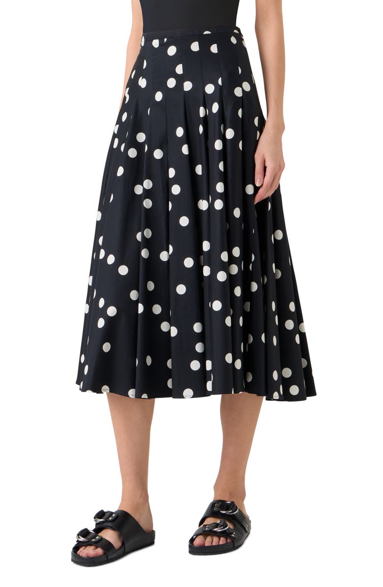 Akris punto Pleated Polka Dot Cotton Sateen Midi Skirt, Alternate, color, Black-Cream