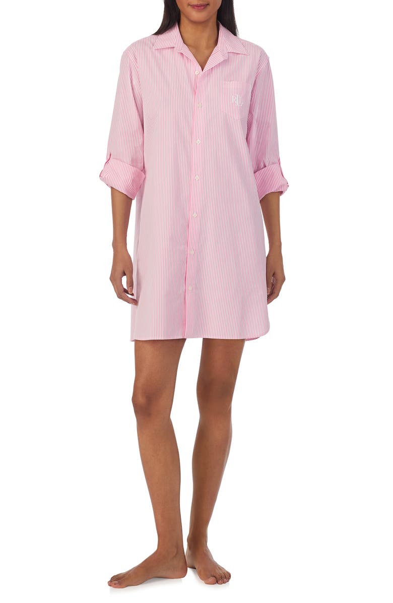 Lauren Ralph Lauren Print Cotton Sleepshirt, Main, color, Pink Stripe