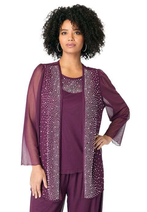 Mesh Overlay Cardigan And Tank Set